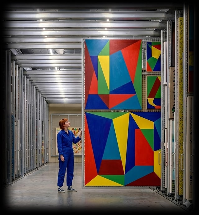 Emerging curators working behind the scenes in a museum storage and archive space, combining hands-on exhibition preparation with research