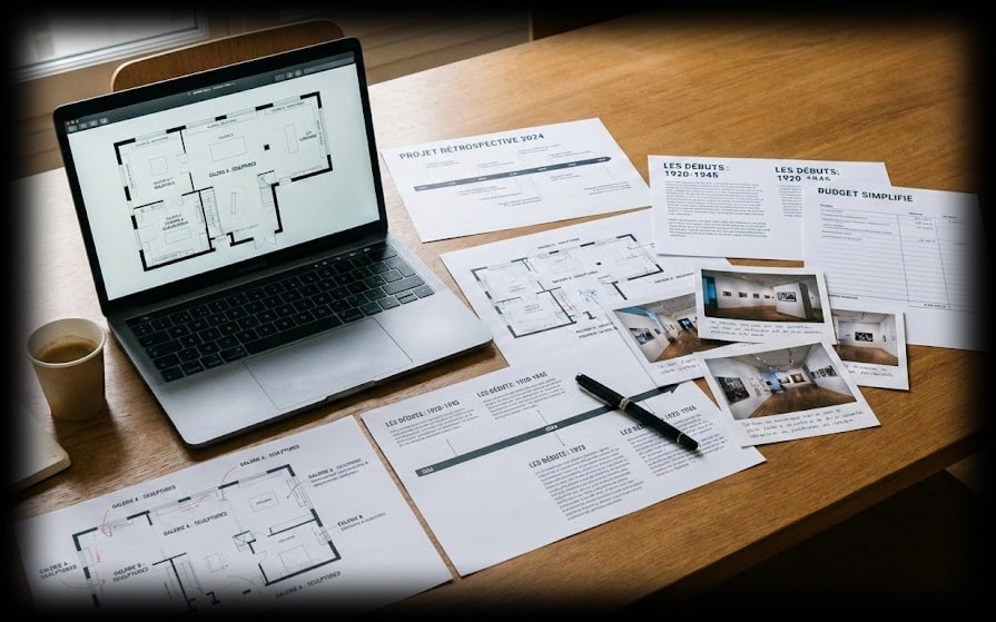 Curatorial portfolio with exhibition proposals, floor plans, wall texts and documentation, highlighting how curators present their ideas and skills to employers